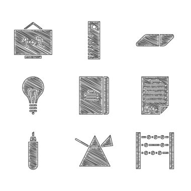 Set Spiral notebook, Light rays in prism, Abacus, Exam sheet with plus grade, Marker pen, bulb concept of idea, Eraser or rubber and Chalkboard icon. Vector