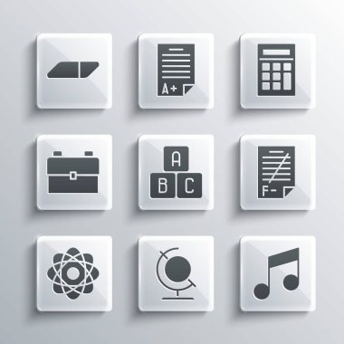 Set Earth globe, Music note, tone, Exam paper with incorrect answers, ABC blocks, Atom, School backpack, Eraser rubber and Calculator icon. Vector