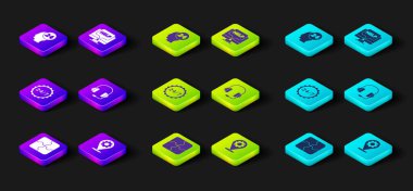 Set Piece of puzzle, Location with gear, Clock 24 hours, Headphones, Computer monitor and help and Support operator in touch icon. Vector