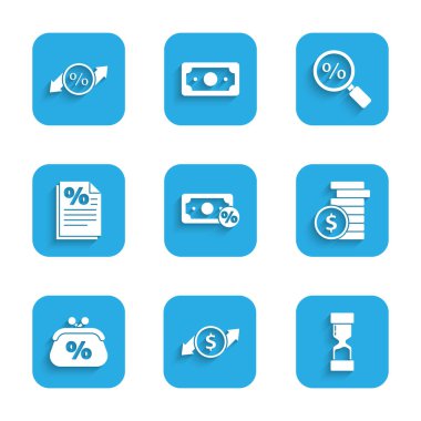 Set Money percent, Financial growth and dollar, Old hourglass, Coin money with, Purse, Finance document, Magnifying and Discount tag icon. Vector