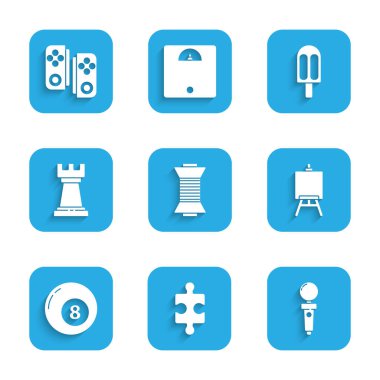 Set Sewing thread on spool, Piece of puzzle, Joystick for arcade machine, Easel painting art boards, Billiard snooker ball, Business strategy, Ice cream and Gamepad icon. Vector