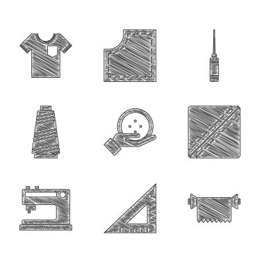 Set Sewing button, Triangular ruler, Textile fabric roll, Pattern, machine, thread, Awl tool and T-shirt icon. Vector