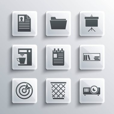 Set Trash can, Movie, film, media projector, Shelf with books, Spiral notebook, Target sport, Coffee machine, Resume and Chalkboard diagram icon. Vector