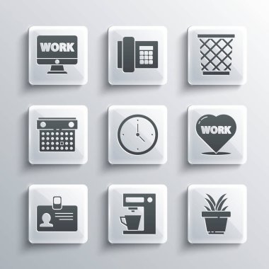 Set Coffee machine, Plant pot, Heart with text work, Clock, Identification badge, Calendar, Monitor and Trash can icon. Vector