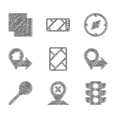 Set Gps device with map, Location, Traffic light, Push pin, house, Compass and Folded icon. Vector
