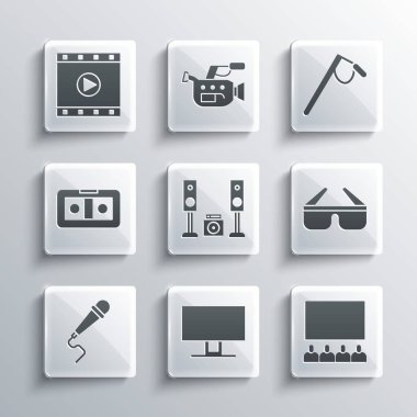 Set Smart Tv, Cinema auditorium with screen, 3D cinema glasses, Home stereo two speakers, Microphone, VHS video cassette tape, Play Video and icon. Vector