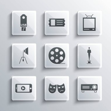 Set Comedy and tragedy masks, Movie, film, media projector, trophy, Film reel, Online play video, spotlight, USB flash drive and Retro tv icon. Vector