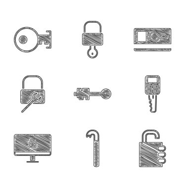Set Old key, Crowbar, Safe combination lock, Car with remote, Lock computer monitor, repair, Key card and icon. Vector