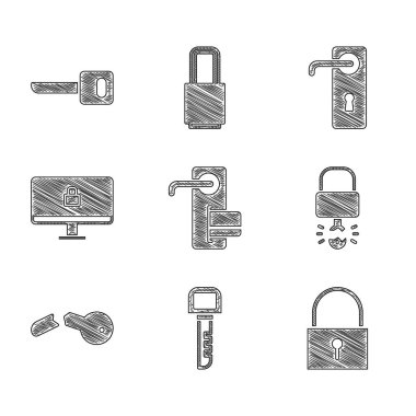 Set Digital door lock, Key, Lock, broke inside of padlock, Broken key, on computer monitor, Door handle and icon. Vector