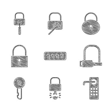 Set Password protection, Key broke inside of padlock, Digital door, Bicycle, Undefined key, Lock, and picks for picking icon. Vector