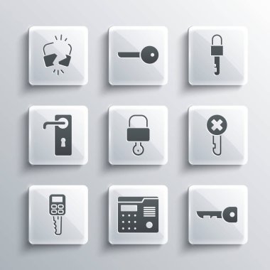 Set House intercom system, Key, Wrong key, Lock and, Car with remote, Door handle, Broken cracked lock and Locked icon. Vector