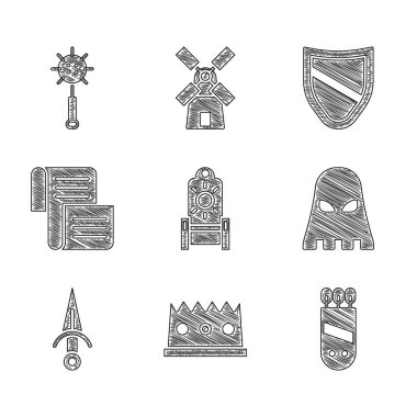 Set Medieval throne, King crown, Quiver with arrows, Executioner mask, Dagger, Decree, parchment, scroll, Shield and chained mace ball icon. Vector