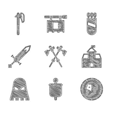 Set Crossed medieval axes, Medieval flag, Ancient coin, Castle, fortress, Executioner mask, sword, Quiver with arrows and icon. Vector