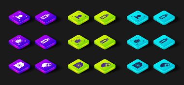 Set House with eye scan, Head shield, System bug, USB flash drive, and Face recognition icon. Vector