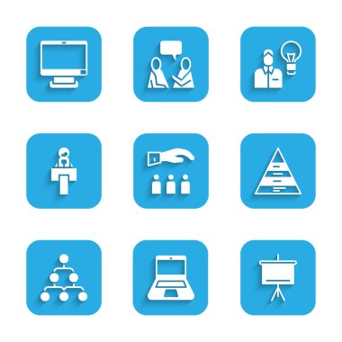 Set Boss with employee, Laptop, Chalkboard, Pyramid chart infographics, Hierarchy organogram, Stage stand tribune, Human lamp bulb and Computer monitor icon. Vector