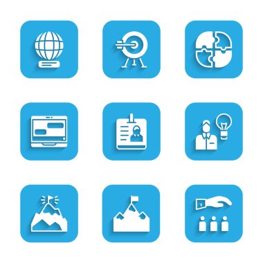 Set Identification badge, Mountains with flag, Boss employee, Human lamp bulb, Chat messages laptop, Piece of puzzle and Worldwide icon. Vector