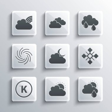 Set Sun and cloud weather, Cloud with rain sun, Snowflake, moon, Kelvin, Tornado, Rainbow clouds and icon. Vector