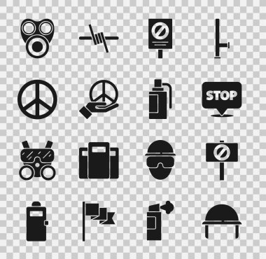 Set Military helmet, Protest, Peace, Gas mask and Hand grenade icon. Vector
