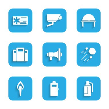 Set Megaphone, Police assault shield, Hand grenade, Flying stone, Torch flame, Military helmet and badge icon. Vector