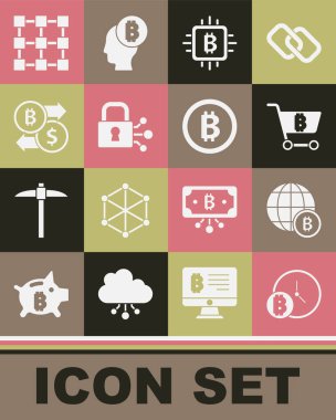 Set Bitcoin with clock, Globe, Shopping cart bitcoin, CPU mining farm, Lock, Cryptocurrency exchange, Blockchain technology and icon. Vector