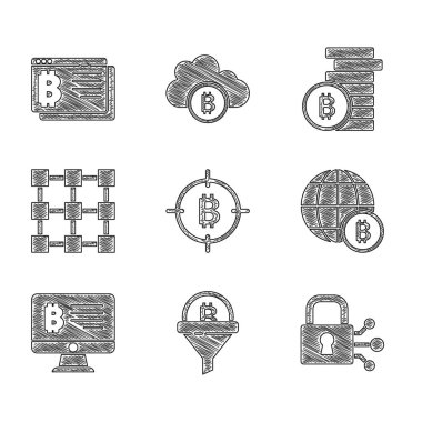 Set Bitcoin in the target, Sales funnel with bitcoin, Lock, Globe, Mining from monitor, Blockchain technology, and browser icon. Vector
