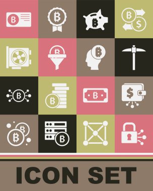 Set Lock with bitcoin, Cryptocurrency wallet, Pickaxe, Piggy bank, Sales funnel, Video graphic card, Credit and Bitcoin think icon. Vector