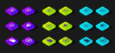 Set Credit card with bitcoin, Bitcoin, the target, Sales funnel, Shield and Mining from tablet icon. Vector