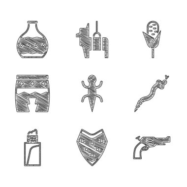 Set Lizard, Poncho, Revolver gun, Snake, Burrito, Huehuetl, Corn and Tequila bottle icon. Vector