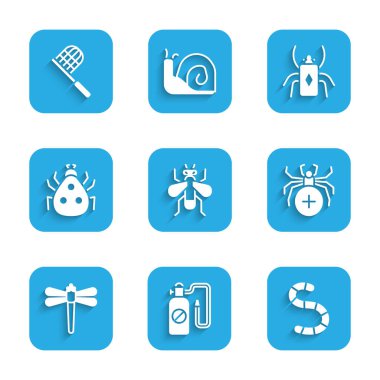 Set Insect fly, Pressure sprayer, Worm, Spider, Dragonfly, Ladybug, Beetle and Butterfly net icon. Vector