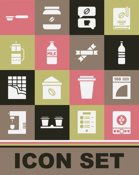 Set Electronic coffee scales, Coffee paper filter, Bottle water, and conversation, with milk, French press, holder and Sugar stick packets icon. Vector — стоковий вектор