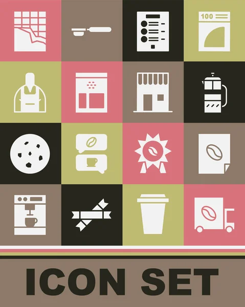 Set Coffee street truck machine, poster, French press, menu, Bag coffee beans, Barista, Chocolate bar and shop icon. Vector —  Vetores de Stock