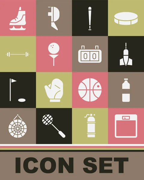 Set Bathroom scales, Bottle of water, Dart arrow, Baseball bat, Golf on tee, Barbell, Skates and Sport mechanical scoreboard icon. Vector — Image vectorielle