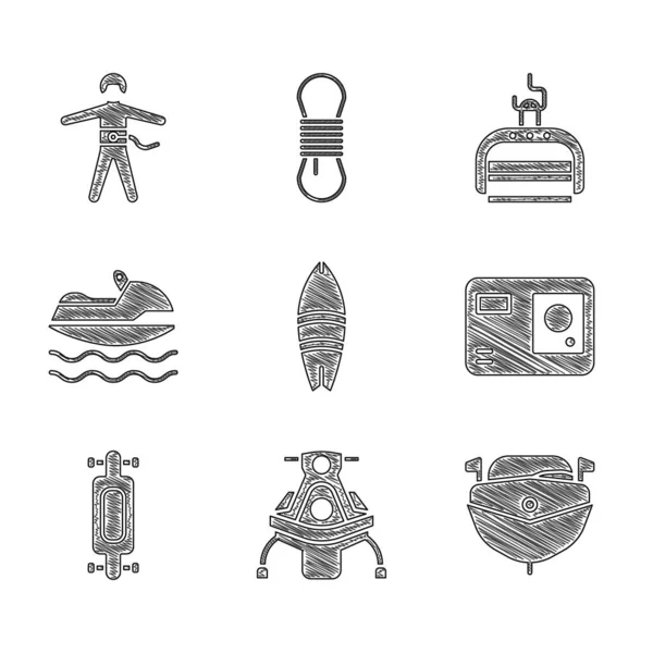 Set Surfboard, Snowmobile, Speedboat, Action extreme camera, Longboard or skateboard, Jet ski, Ski lift and Bungee jumping icon. Vector — стоковый вектор
