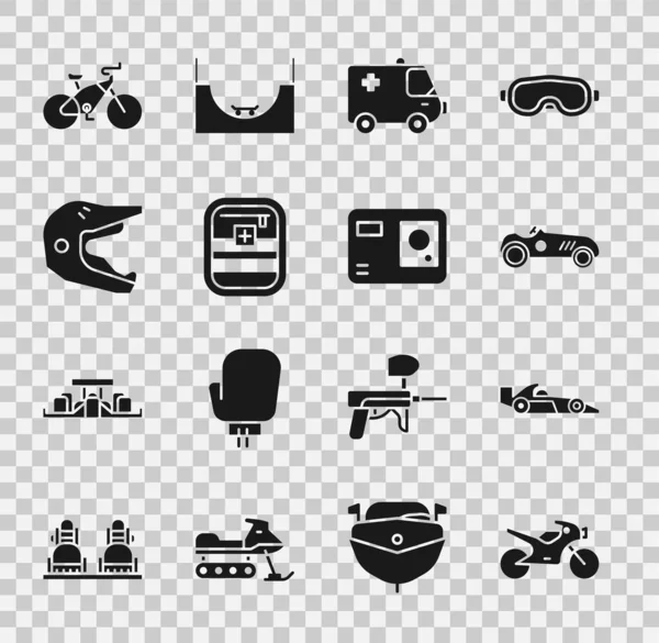 Set Motorcycle, Formula 1 racing car, Vintage sport, Ambulance and emergency, First aid kit, Motocross motorcycle helmet, Bicycle and Action extreme camera icon. Vector — стоковый вектор