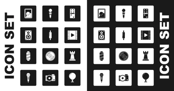 Set Domino, Rolling pin, Stereo speaker, Picture landscape, Play Video, Joystick for arcade machine, Business strategy and Sewing thread on spool icon. Vector — Wektor stockowy