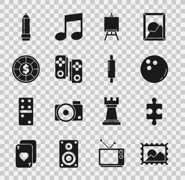 Set Postzegel, puzzelstukje, Bowlingbal, Easel of schilderkunst borden, Gamepad, Casino chips, Potlood met gum en Rolling pin pictogram. Vector — Stockvector