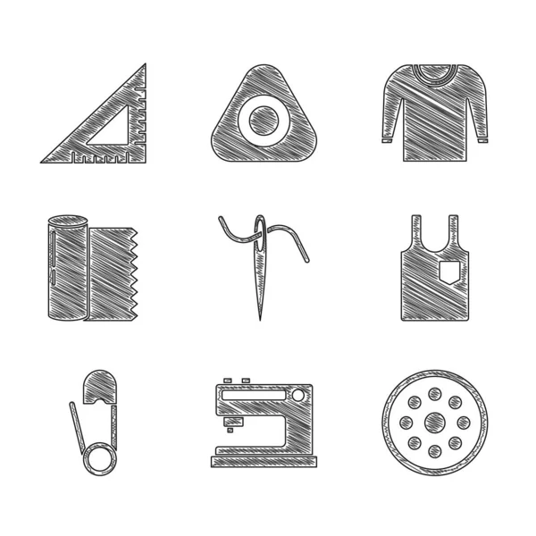 Set Needle for sewing with thread, Sewing machine, button, Sleeveless T-shirt, Safety pin, Textile fabric roll, Sweater and Triangular ruler icon. Vector — Image vectorielle