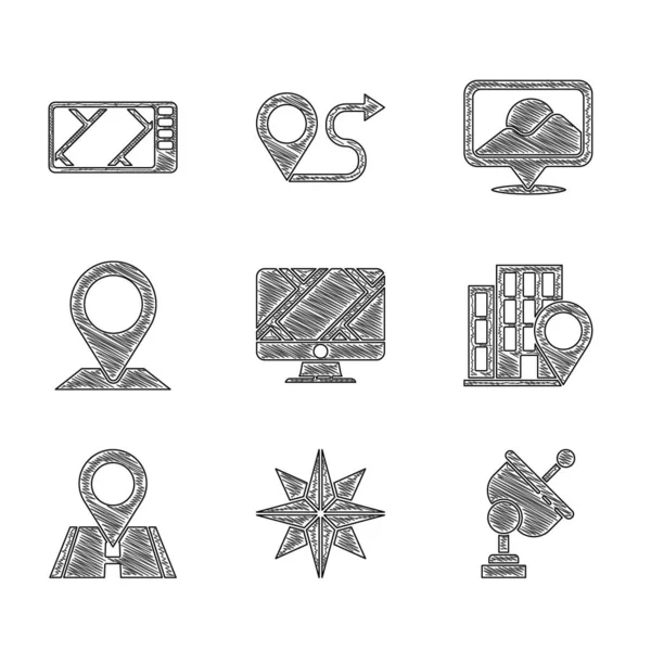 Set Monitor with location marker, Wind rose, Radar, Location house, and Gps device map icon. Vector — Stock vektor