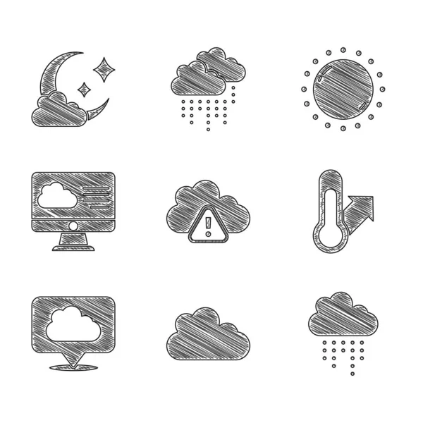 Set Storm varning, moln, med regn, meteorologi termometer, Plats moln, väderprognos, sol och måne ikon. Vektor — Stock vektor