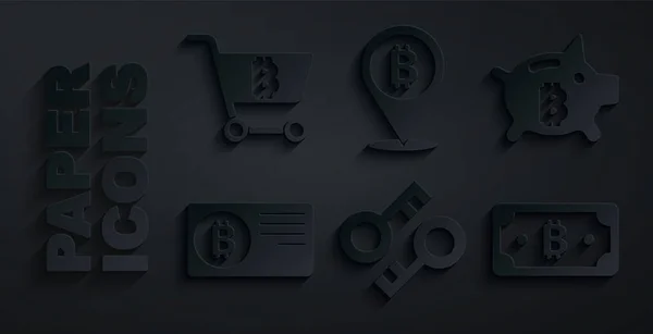 Установите ключ от криптовалюты, Piggy bitcoin, кредитную карту с, Bitcoin и значок Shopping cart. Вектор — стоковый вектор