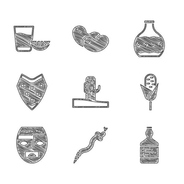 Set Cactus, Snake, Tequila bottle, Corn, Aztec mask, Poncho, and glass with lemon icon. Vector — Stock Vector