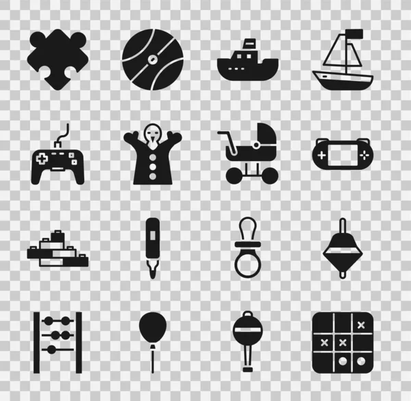 Set Tic tac toe game, Whirligig toy, Portable video console, Toy boat, puppet doll hand, Gamepad, Puzzle pieces and Baby stroller icon. Vector — Stockvector