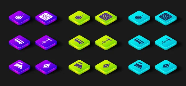 Set Toy train, Whirligig toy, Bus, Pogo stick jumping, Tic tac toe game and Yoyo icon. Vector — Stok Vektör