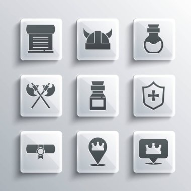 Set Location king crown, Shield, Poison bottle, Decree, parchment, scroll, Crossed medieval axes, and icon. Vector