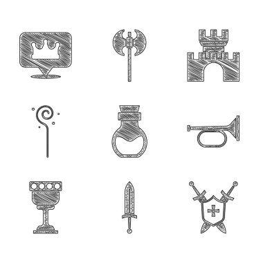 Set Poison in bottle, Medieval sword, shield with swords, Trumpet, goblet, Magic staff, Castle, fortress and Location king crown icon. Vector