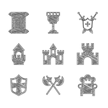 Set Castle, fortress, Crossed medieval axes, Medieval throne, Shield, tower, shield with swords and Decree, parchment, scroll icon. Vector