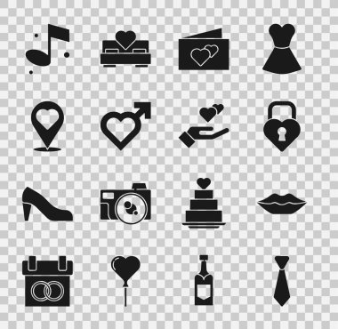 Set Tie, Smiling lips, Castle the shape of heart, Greeting card, Heart with male gender, Location, Music note and hand icon. Vector