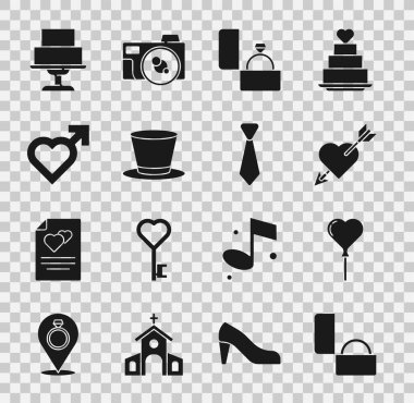 Set Diamond engagement ring, Balloons form of heart, Amour with and arrow, Cylinder hat, Heart male gender, Wedding cake and Tie icon. Vector