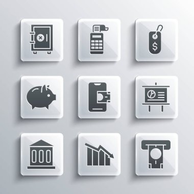 Set Financial growth decrease, ATM and money, Chalkboard with diagram, Mobile banking, Bank building, Piggy, Safe and Price tag dollar icon. Vector