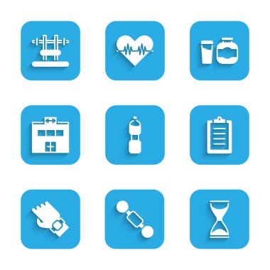 Set Bottle of water, Dumbbell, Old hourglass, Sport training program, Smart watch on hand, Gym building, Sports nutrition and Bench with barbel icon. Vector